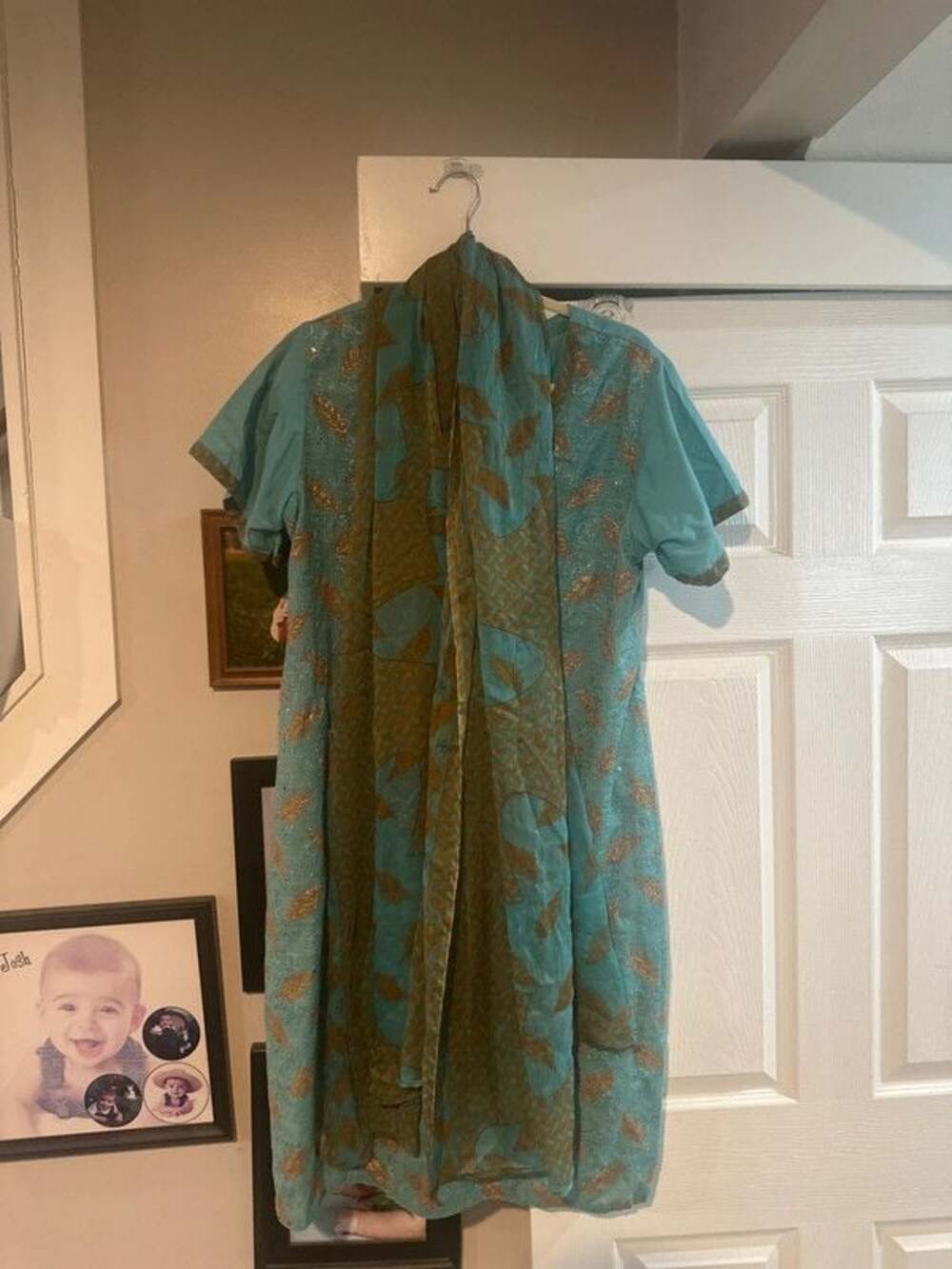 Pretty light bluish green dress with scarf from India